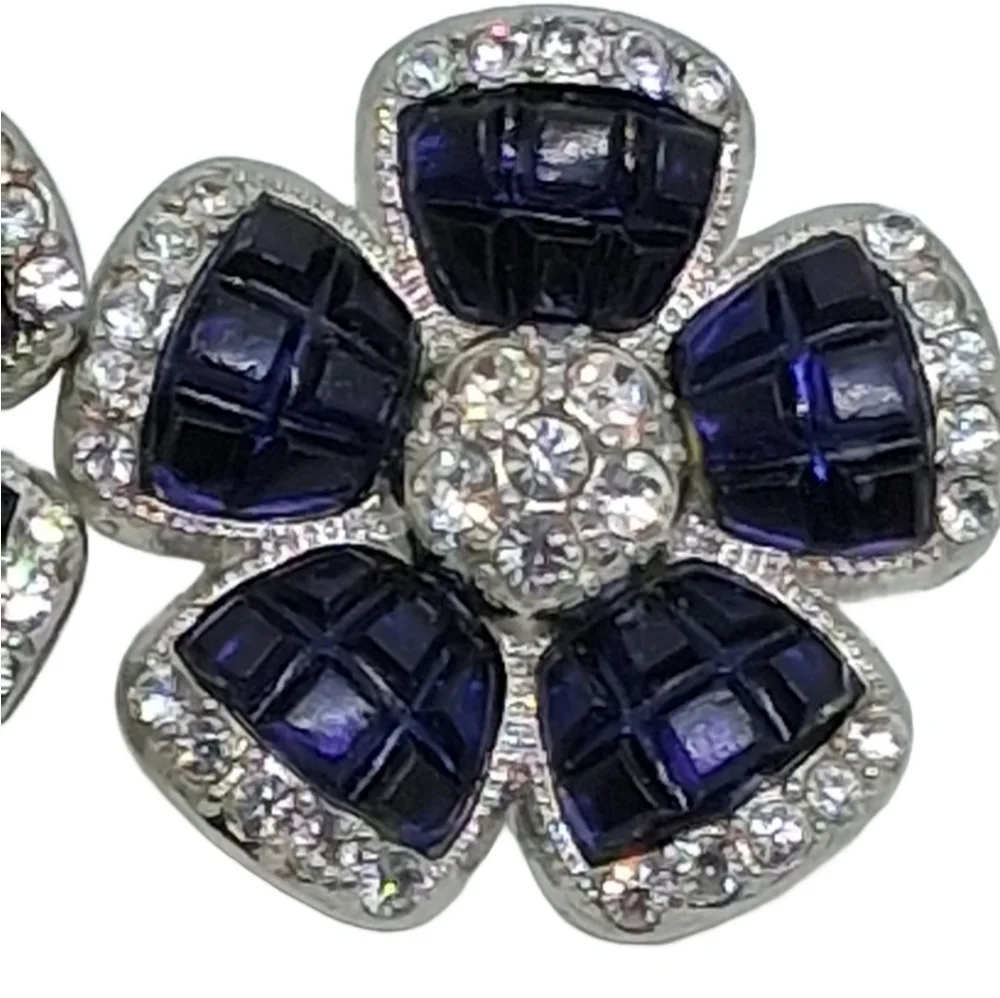 Avon Vintage Sapphire Blue & White Rhinestone Flower Earrings
